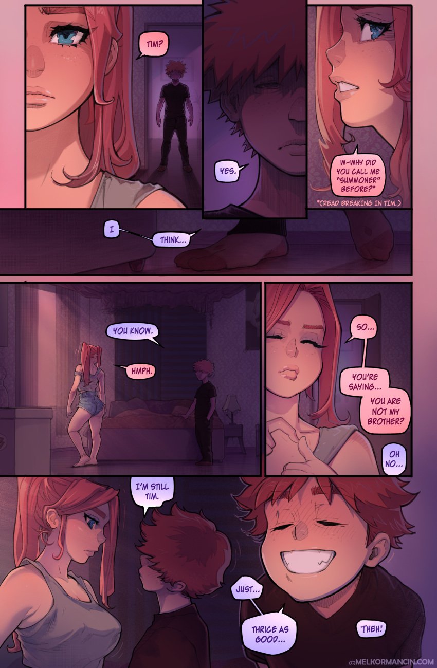 1boy 1girls big_ass big_breasts brother_and_sister bubble_butt chloe_currey color comic dialogue english_text hips melkor_mancin orange_hair original penis redhead sister speech_bubble tim_(melkor_mancin) tim_currey voluptuous wide_hips