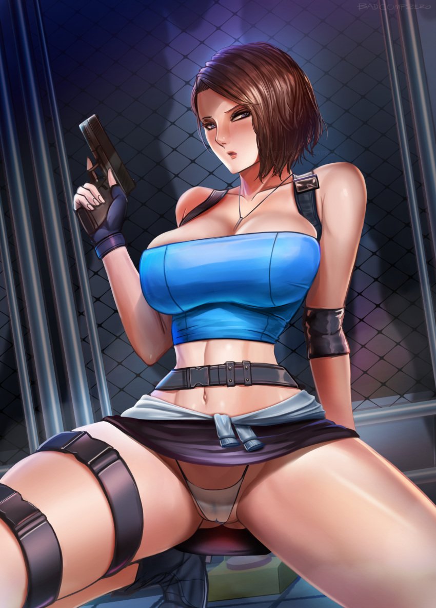 1girls abs alternate_breast_size badcompzero belt breasts cleavage curvy female female_only firearm glock gloves gun handgun harness huge_breasts jill_valentine jill_valentine_(julia_voth) looking_at_viewer panties pistol resident_evil resident_evil_3 see-through see-through_clothing see-through_panties skirt skirt_lift solo spread_legs tubetop upskirt weapon wide_hips