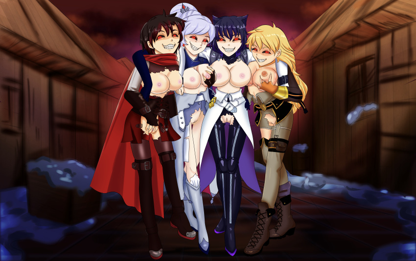blake_belladonna boots breasts evil_grin faunus female grimm_(rwby) grin human nipples pale_skin possessed pussy ruby_rose rwby smile team_rwby weiss_schnee yang_xiao_long