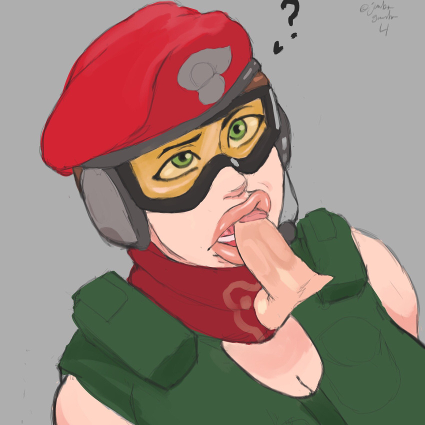 1boy 1girls alibi_(rainbow_six) beret blowjob confused confused_blowjob confusion eye_contact fellatio goggles green_eyes hands-free headphones headphones_on_head jumbogumbo oral question_mark rainbow_six rainbow_six_siege seductive_mouth tagme teeth teeth_showing thick_lips tom_clancy vest