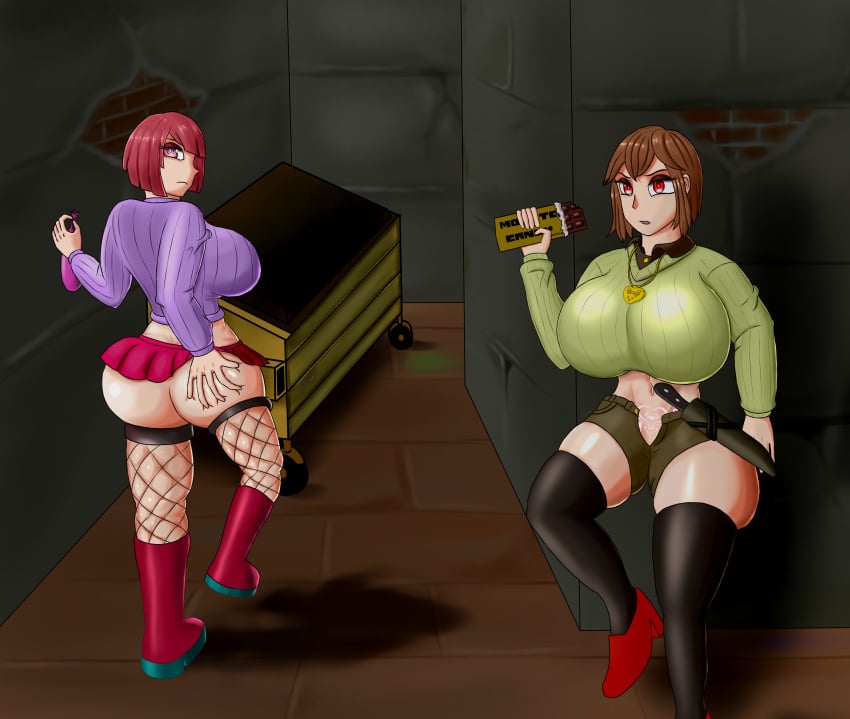 2020 2girls bete_noire betty_noire breasts chara chara_dreemurr chocolate clothing condom female glitchtale human looking_at_viewer pubic_tattoo scpony2 sweater undertale undertale_fanfiction