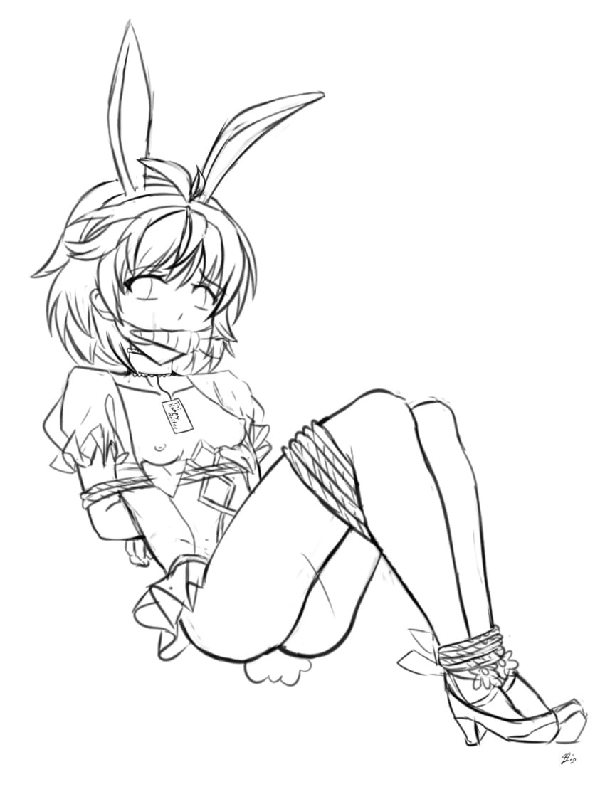 bite_gag bondage bunny_ears bunnysuit carrot collar easter exposed_breasts female fire_emblem fire_emblem:_the_blazing_blade gag gagged icesticker monochrome nino_(fire_emblem) nipples rough_sketch