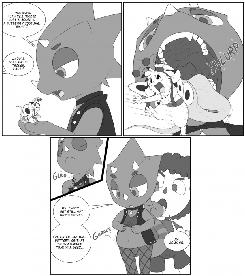 2020 ambiguous_gender ambiguous_prey animal_crossing anthro anthro_pred collar comic dialogue digestion english_text fangs feral feral_prey flick_(animal_crossing) group hi_res macro male male/ambiguous male_pred mammal micro midriff monochrome mouse mouth_shot murid murine navel neck_bulge nintendo oral_vore rodent rumbling_stomach scalie sparky_the_chu text tongue video_games villager_(animal_crossing) vore