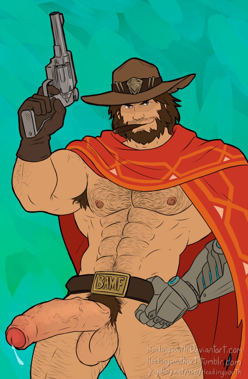 big_penis cole_cassidy hair hairy_male headingsouth holding_weapon male male_only mostly_nude muscular muscular_male overwatch solo solo_male