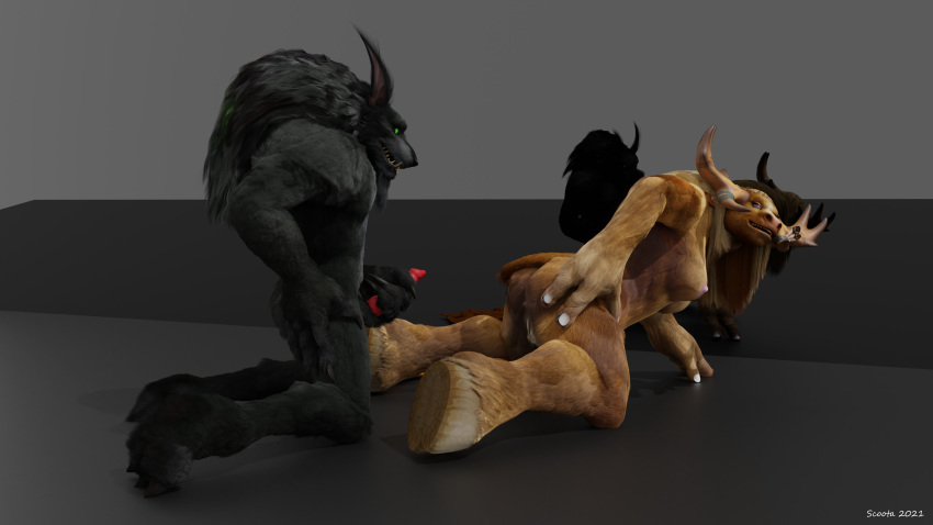 3d_(artwork) absurd_res anthro antlers ass bjelka_(scoota) blizzard_entertainment blonde_hair bovid bovine canid digital_media_(artwork) duo ears_up erection female fur genitals gideon_(scoota) green_eyes hair hi_res holding_penis hooves horn long_hair male male/female mammal paws penis presenting presenting_hindquarters purple_eyes rendered scoota tauren video_games warcraft were werecanid worgen world_of_warcraft