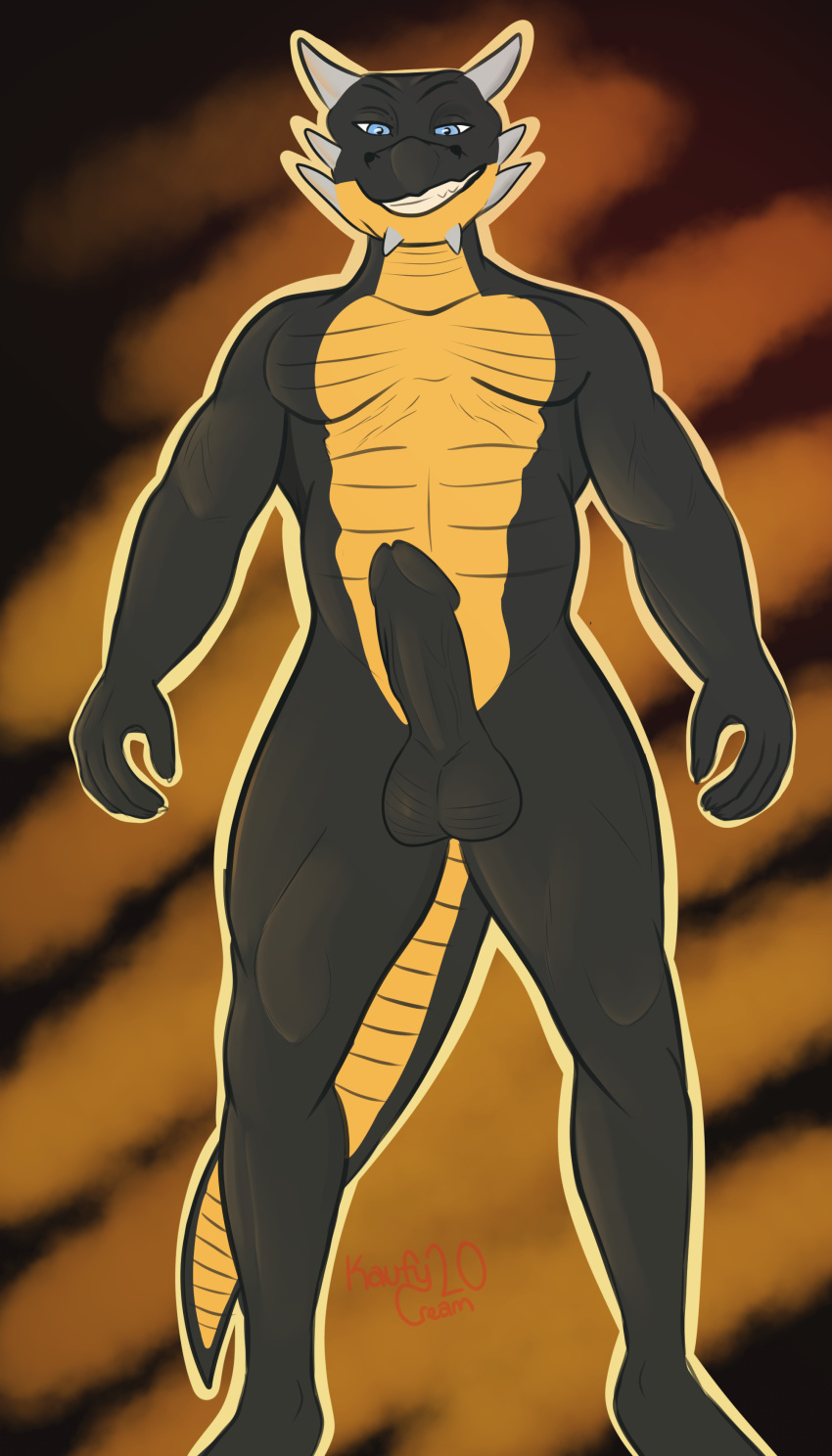 absurd_res anthro balls better_version_at_source black_body blue_eyes dragon genitals grin hi_res humanoid_genitalia kaufycream_(artist) looking_at_viewer male male_only muscular penis smile solo solo_male standing