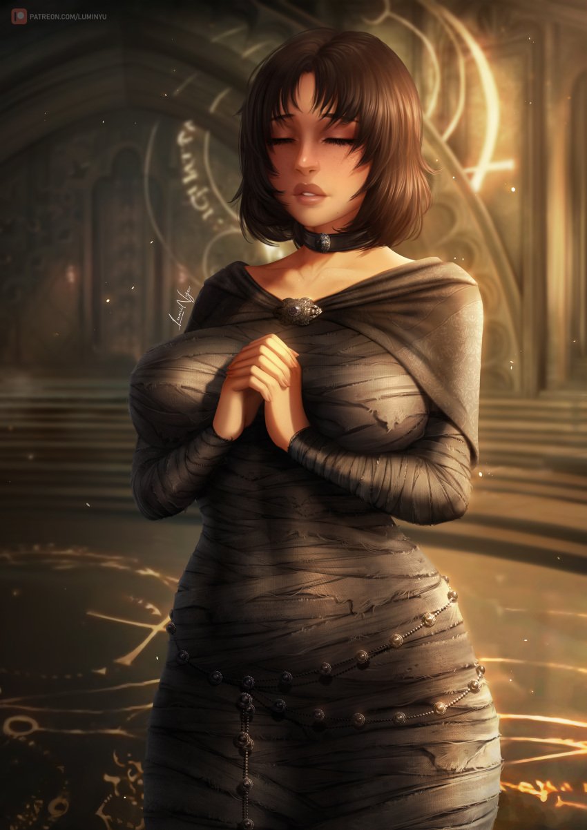 1girls big_breasts black_clothing black_dress breasts brown_hair cape choker closed_eyes clothed clothing demon's_souls dress fromsoftware hips jewelry large_breasts luminyu maiden_in_black medium_hair nun praying priestess solo solo_female solo_focus sony_interactive_entertainment standing