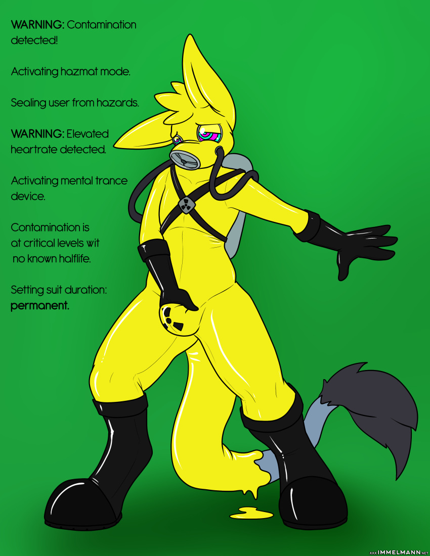 absurd_res anthro bound bulge chastity_device drone encasement english_text forced gas_mask harness hazmat_suit hi_res hypnosis immelmann male mask masturbation mind_control null_bulge permanent rubber simple_background solo spiral_eyes text transformation