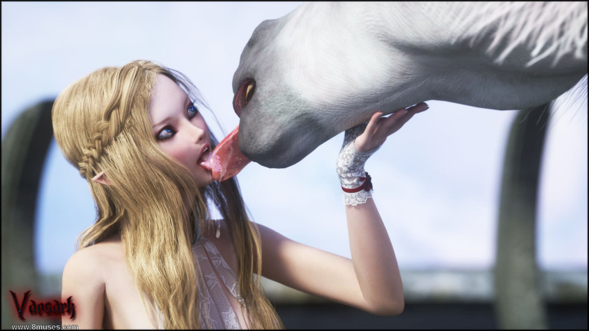 1girls 3d adeline_(vaesark) blonde_hair blue_eyes bridal_gloves cgs28_(vaesark) detailed_background elf female feral fingerless_gloves french_kiss french_kissing horse kissing lace_gloves larger_male size_difference smaller_female tongue_kiss tongue_out unicorn vaesark zoophilia