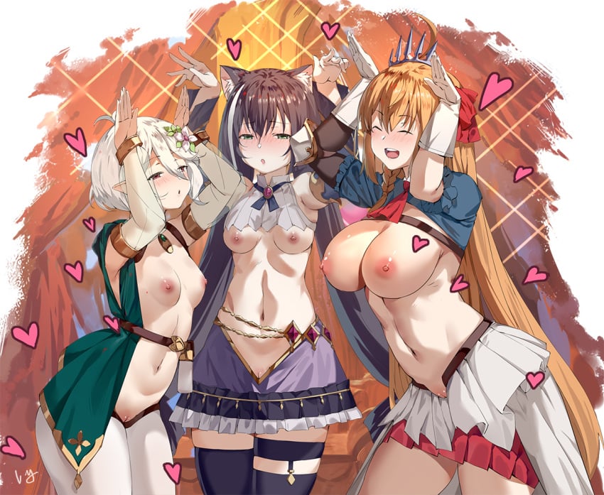 3girls :d :o ^_^ animal_ear_fluff animal_ears antenna_hair arm_up armpits ascot bad_id bad_pixiv_id bare_shoulders black_hair black_legwear blush braid breasts cat_ears cat_girl closed_eyes club3 cowboy_shot detached_sleeves elf facing_viewer female frilled_sleeves frills gloves green_eyes group hair_between_eyes half-closed_eyes heart karyl_(princess_connect!) kokkoro_(princess_connect!) large_breasts leaning_forward long_hair long_sleeves looking_at_viewer medium_breasts meme_attire multicolored_hair multiple_girls navel nipples nose_blush open_mouth orange_hair parted_lips pecorine pecorine_(princess_connect!) pointy_ears princess_connect! puffy_short_sleeves puffy_sleeves pussy rabbit_pose red_ascot red_eyes reverse_bunnysuit reverse_outfit round_teeth see-through short_hair short_sleeves shrug_(clothing) side_braid signature small_breasts smile sparkle stomach straight_hair streaked_hair teeth thigh_strap thighhighs tiara twintails uncensored upper_teeth_only very_long_hair waist_cape white_gloves white_hair white_legwear