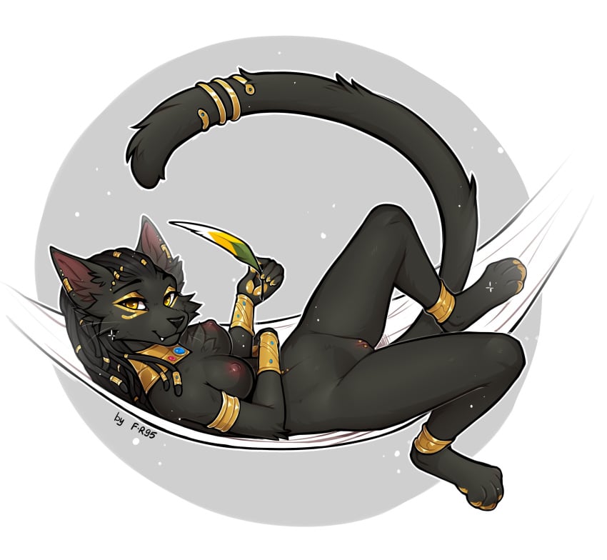 absurd_res anthro areola bast black_body black_fur black_hair black_nose breasts clitoris clitoris_piercing deity domestic_cat ear_piercing egyptian_mythology f-r95 felid feline felis female fur genital_piercing genitals gold_(metal) gold_jewelry gold_markings hair hammock hi_res jewelry loose_feather lying mammal markings middle_eastern_mythology mythology navel navel_piercing nipples on_back piercing pussy pussy_piercing quill simple_background solo yellow_eyes