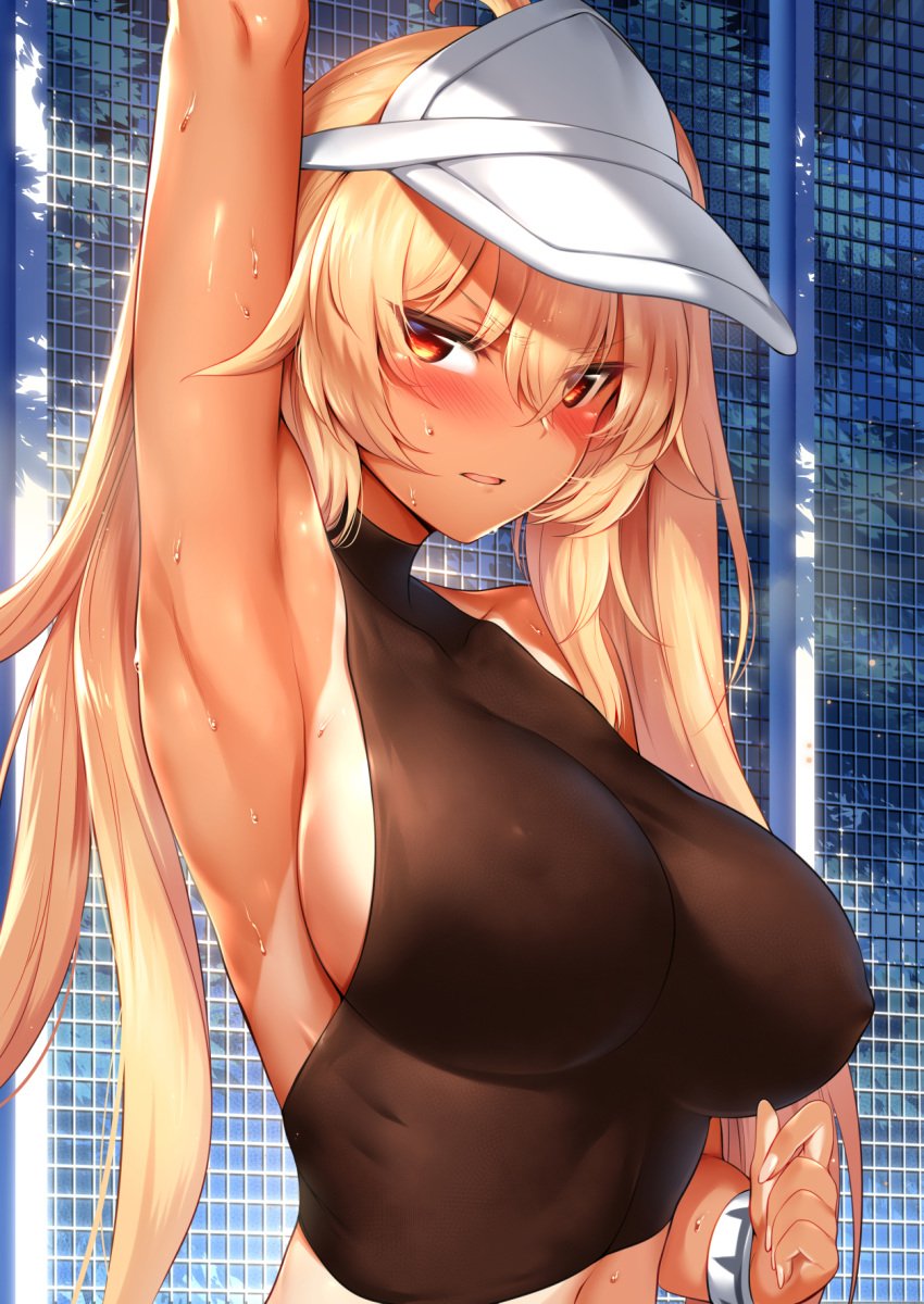 1girls ahoge arm_up armpit_fetish armpit_sex armpits between_legs black_rock_shooter blonde_hair breasts chain-link_fence chariot_(black_rock_shooter) crop_top denim denim_shorts erect_nipples erect_nipples_under_clothes eyebrows_visible_through_hair female fence fingering hair_between_eyes highers impossible_clothes impossible_shirt large_breasts long_hair looking_at_viewer m-da_s-tarou midriff navel one-piece_tan open_mouth orange_eyes outdoors shirt shoes sideboob solo solo_focus straight sweat tan tanline twintails very_long_hair visor_cap wavy_mouth