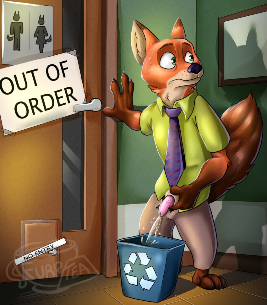 anthro bodily_fluids clothing disney fox furrtea genital_fluids genitals hi_res male male_only nick_wilde peeing penis solo tagme urine urine_stream zootopia