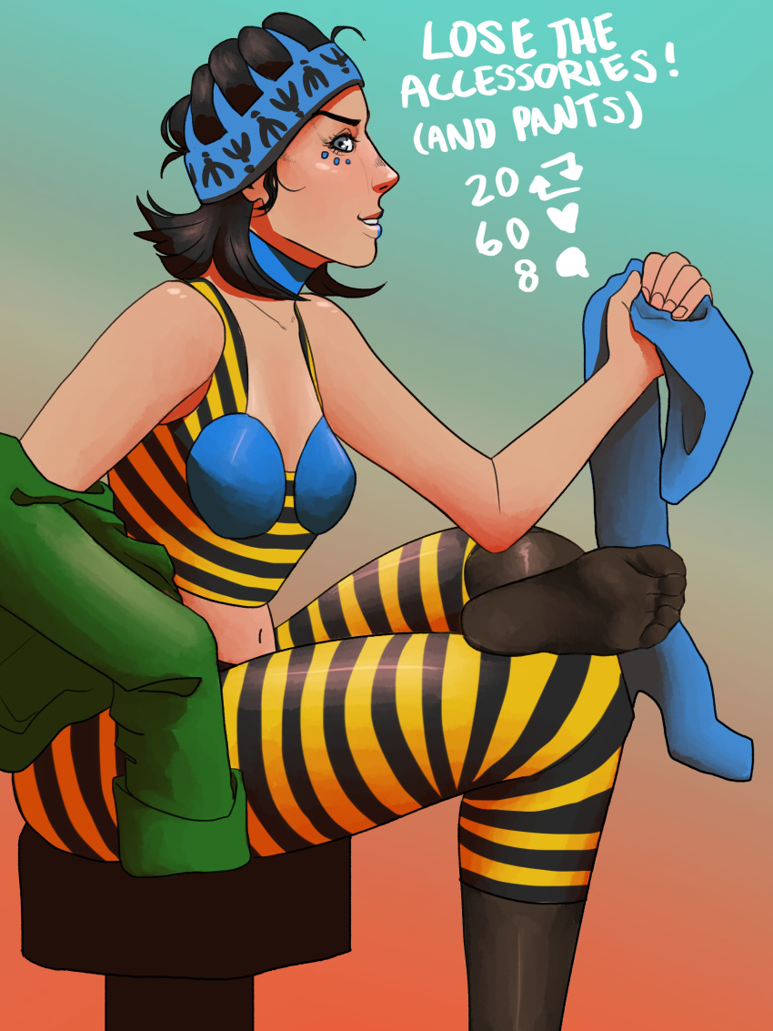 1girls black_hair breadbitch420 breasts feet female female_only gwess human jojo's_bizarre_adventure light-skinned_female light_skin long_hair shounen_jump stone_ocean striped_legwear undress_character