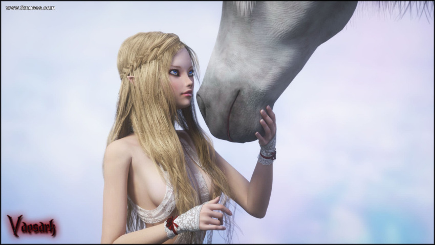 1girls 3d adeline_(vaesark) blonde_hair blue_eyes bridal_gloves cgs28_(vaesark) detailed_background elf female fingerless_gloves lace_gloves larger_male size_difference smaller_female unicorn vaesark zoophilia