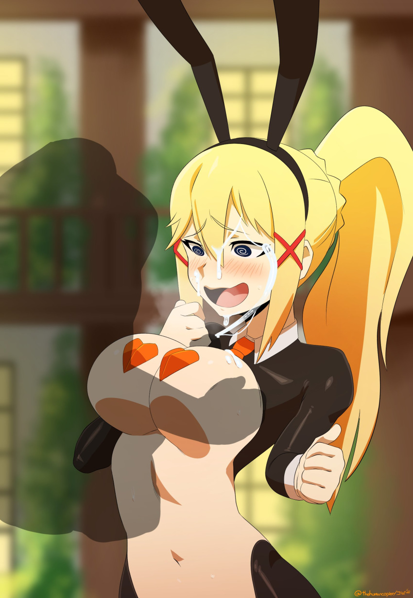 1boy 1girls big_breasts blush breasts bunny_ears bunny_girl bunnysuit cleavage cum cum_on_face cumshot darkness_(konosuba) erection facial female kono_subarashii_sekai_ni_shukufuku_wo! large_breasts male open_mouth orange_heart_pasties orange_pasties paizuri pasties penis reverse_bunnysuit straight thehumancopier unseen_male_face