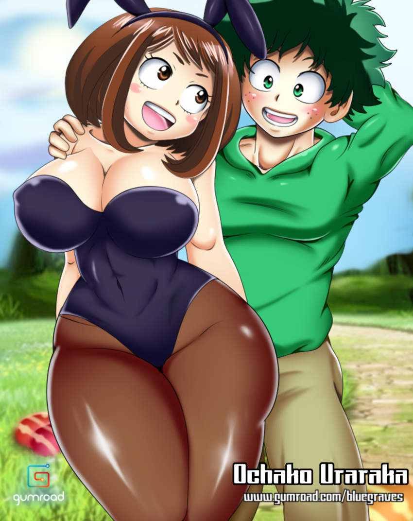 1boy 1girls big_breasts bluegraves breasts brown_eyes brown_hair bunny bunny_costume bunny_ears bunny_girl bunnysuit busty cleavage clothed cosplay couple curvy dress_up easter easter_bunny easter_egg female happy holidays huge_breasts izuku_midoriya legs looking_at_another muscular_male my_hero_academia ochako_uraraka open_mouth pantyhose playboy smile thick_thighs thighs thin_waist wide_hips