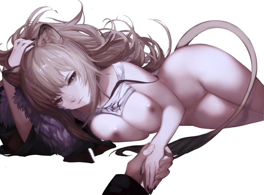 animal_ears arknights blonde_hair breasts brown_eyes catgirl long_hair mmmegh nipples panty_pull pussy shirt_lift siege_(arknights) tail transparent uncensored