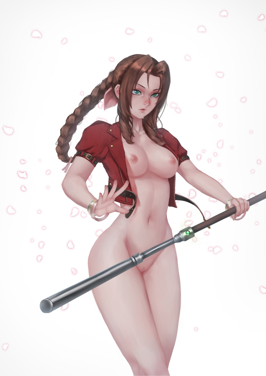 absurdres aerith_gainsborough bluecup bow bracelet braid braided_ponytail breasts brown_hair cropped_jacket final_fantasy final_fantasy_vii final_fantasy_vii_remake green_eyes hairbow highres jacket jewelry naked_coat navel nipples pussy red_jacket serious shaved_pussy simple_background square_enix staff stomach