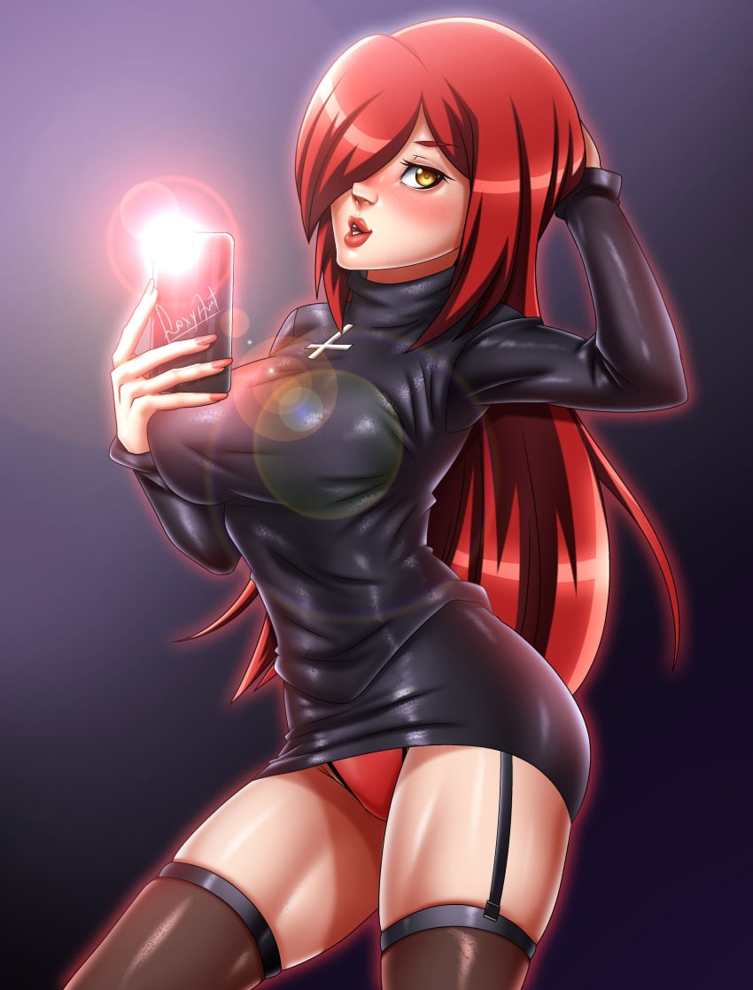 1girls breasts clothed clothing cross female female_only foxyart hand_behind_head lingerie lipstick long_hair looking_at_viewer panties parasoul partially_clothed phone red_eyes red_hair selfie skullgirls solo standing tight_clothing tight_dress