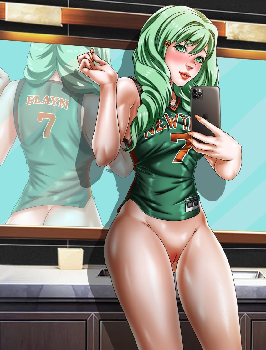 ass bathroom clothing fire_emblem fire_emblem:_three_houses flayn_(fire_emblem) foxyart green_eyes green_hair iphone looking_at_viewer nabatean_(fire_emblem) pussy selfie