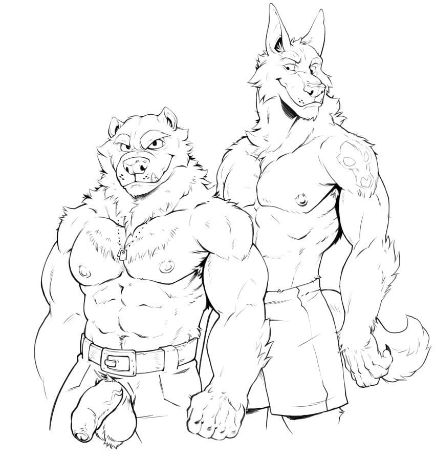 2boys 5_fingers abs absurd_res anthro armpit_hair badcoyote ball_tuft balls belt biceps biped black_and_white body_hair bottomwear canid canine canis cheek_tuft claws clothed clothing coyote duo facial_tuft fingers fist fur genitals half-erect hi_res jewelry line_art looking_at_another looking_at_viewer male male/male male_only mammal manly monochrome muscular muscular_male navel neck_tuft necklace nipples pecs penis penis_through_fly poking_out shorts simple_background tagme tattoo topless triceps tuft uncut vein veiny_penis whisker_spots