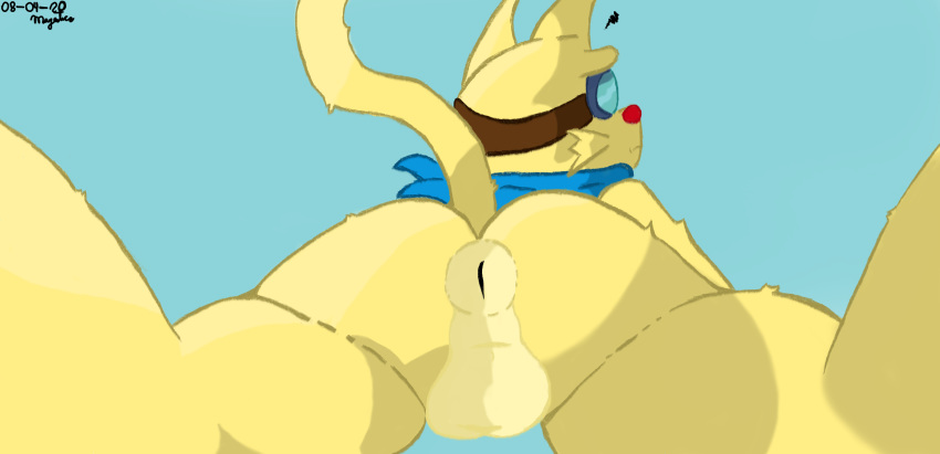 2020 anus ass backsack balls blue_background felid feline forthington fur genitals hi_res magesti male male_only mammal nintendo nude rhythm_heaven signature simple_background smaller_version_at_source solo text video_games yellow_body yellow_fur yellow_tail