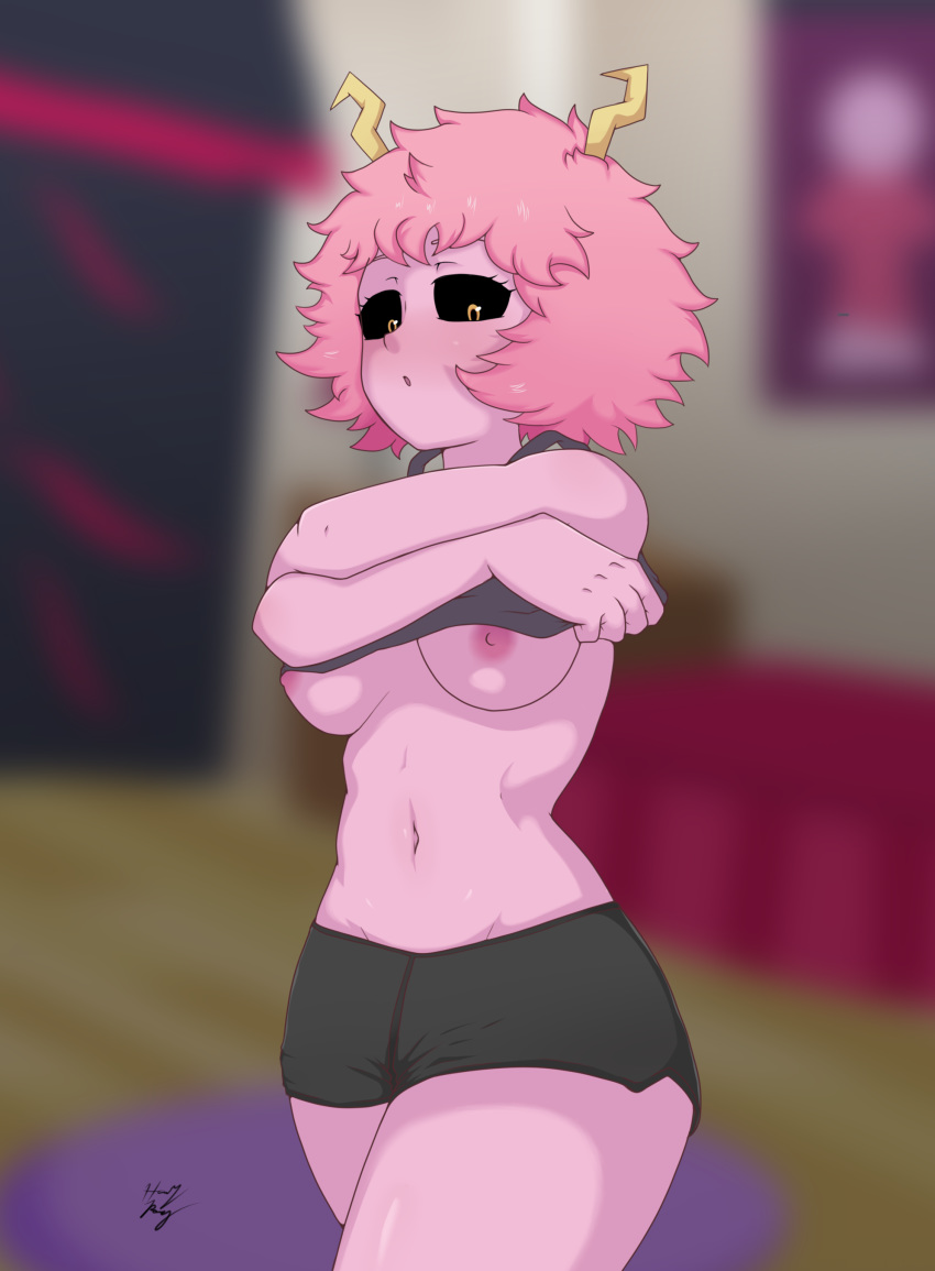 1girls areolae big_breasts black_sclera breasts clothing female female_only hair hound_wolf mina_ashido my_hero_academia nipples pink_hair pink_skin shirt shirt_lift shorts signature solo undressing watermark yellow_eyes