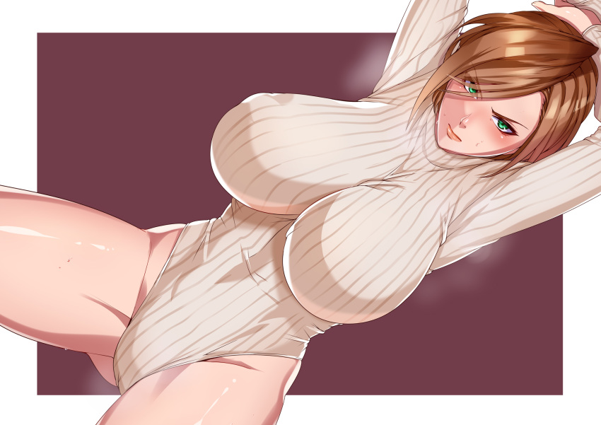 apollonia_vaar big_breasts brown_hair female female_only granblue_fantasy green_eyes harunori_oogami miga2580 nipples nipples_visible_through_clothing short_hair solo solo_female solo_focus