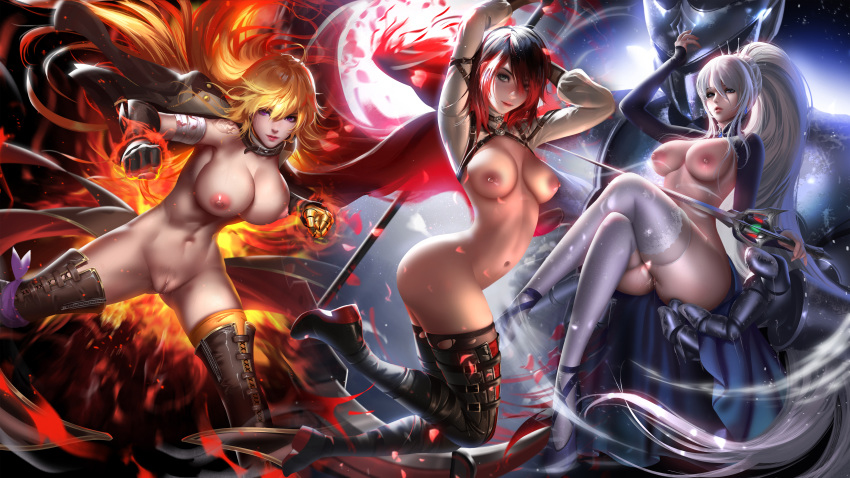 3girls arms_above_head boots breasts clothing female female_only gloves high_heels liang_xing looking_at_viewer nipples partially_clothed prosthetic prosthetic_arm robotic_arm ruby_rose rwby seductive thighhighs tight_clothing weiss_schnee yang_xiao_long