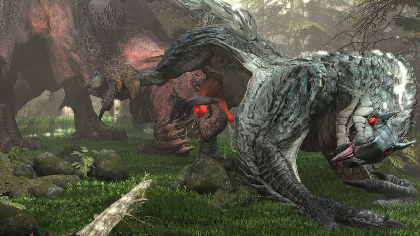 3d anjanath barlu brute_wyvern capcom claws dinosaur dragon duo fanged_wyvern feral grass hi_res long_tongue male male_only monster_hunter oral reptile rock scales scalie sex source_filmmaker spreading teeth tobi-kadachi tongue tongue_out tonguejob tree video_games wyvern