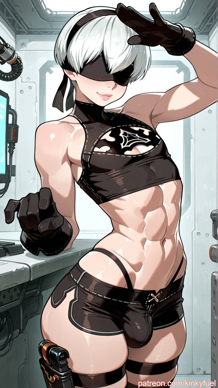 abs ai_generated android blindfold blush bulge femboy gloves kinkyfuel male male_focus nier:_automata nier_(series) salute sci-fi short_shorts solo thighhighs topless trap white_hair yorha_9s