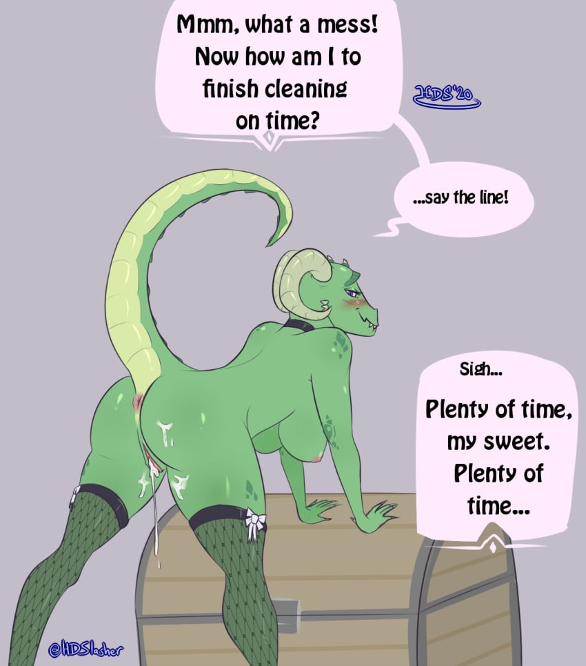 after_sex amulet_of_mara anthro anus argonian ass bethesda_softworks blush bodily_fluids bow choker claws clothing cum cum_drip cum_in_pussy cum_inside cum_on_butt cum_on_leg dialogue dripping english_text female fishnet fishnet_legwear genital_fluids genitals green_body green_scales hashdrawingslasher hi_res horn jewelry leaning leaning_forward legwear lusty_argonian_maid necklace pink_anus presenting presenting_hindquarters purple_eyes pussy raised_tail roleplay scales scalie solo speech_bubble spines text the_elder_scrolls the_things_we_do_for_love thigh_highs tired_sigh treasure_chest video_games