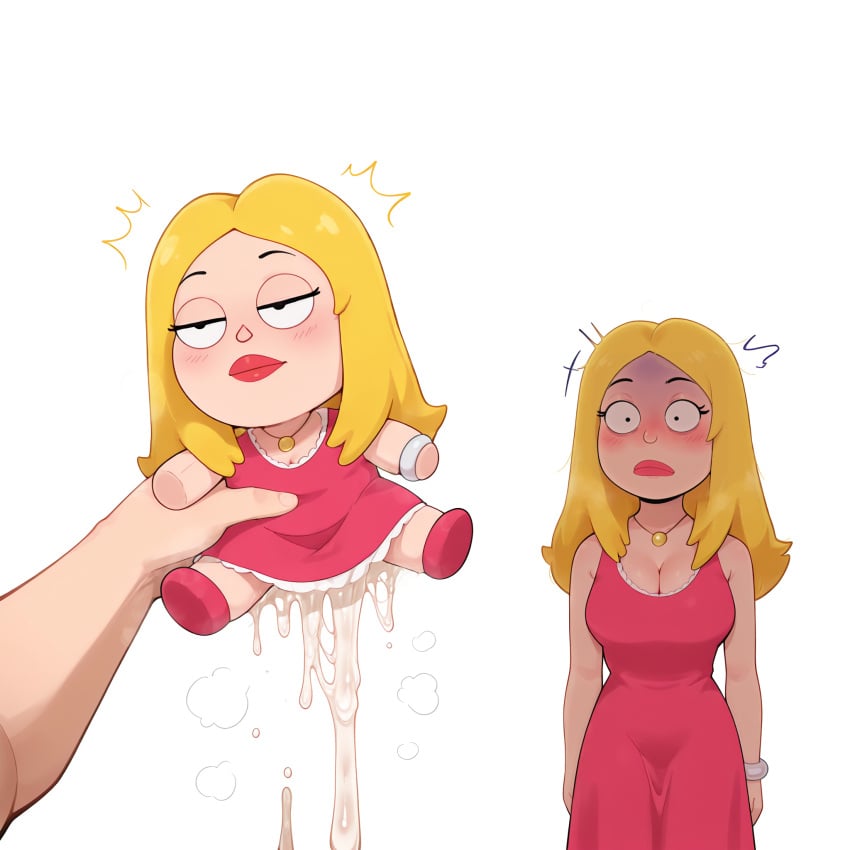 1boy 1boy1girl 1girls absurd_res absurdres ai_assisted ai_generated american_dad artificial_vagina black_eyes blonde_hair blush bracelet cumdrip doll excessive_cum expressionless female francine_smith high_resolution highres horrified horrified_expression male mature_female medium_hair milf mommy necklace onahole pink_dress plushie plushophilia raleu10 sex_doll sex_doll_transformation shaded_face shocked shocked_expression sparkle_doll_meme thick_ass thick_lips thick_thighs violated violation wide_eyed