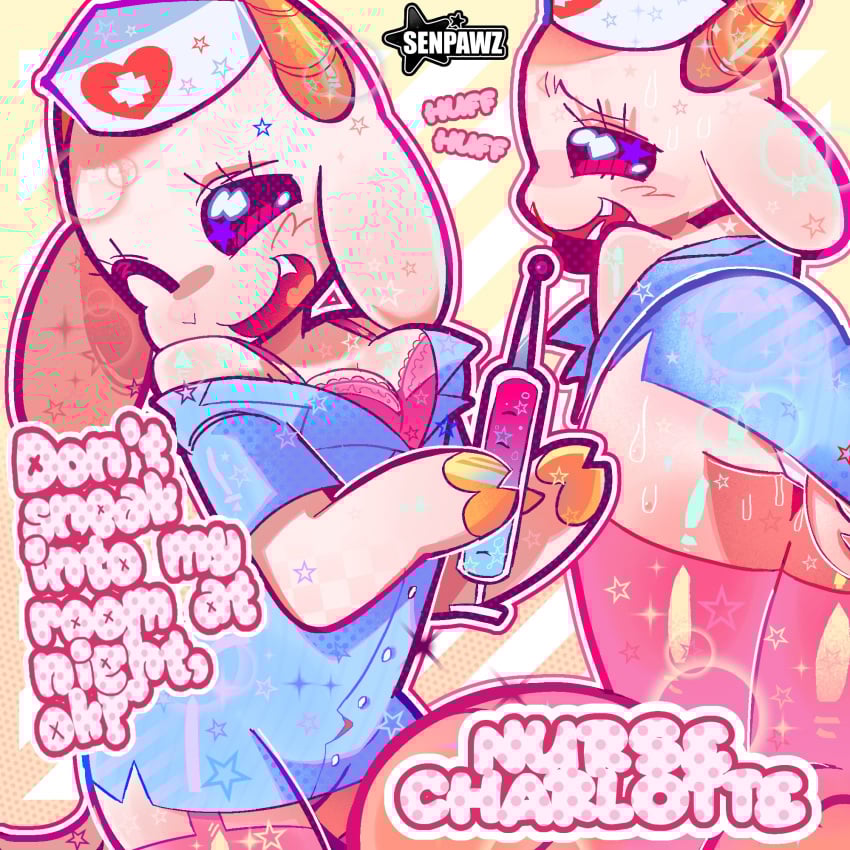anthro ass blood bra bunny_maloney charlotte_(bunny_maloney) clothed clothing cross english_text female female_focus female_only furry garter_belt goat goat_horns heart_symbol hoof_hands hooves lingerie looking_at_viewer nosebleed nurse nurse_cap nurse_uniform panties senpawz sharp_teeth smiling_at_viewer stockings tagme text