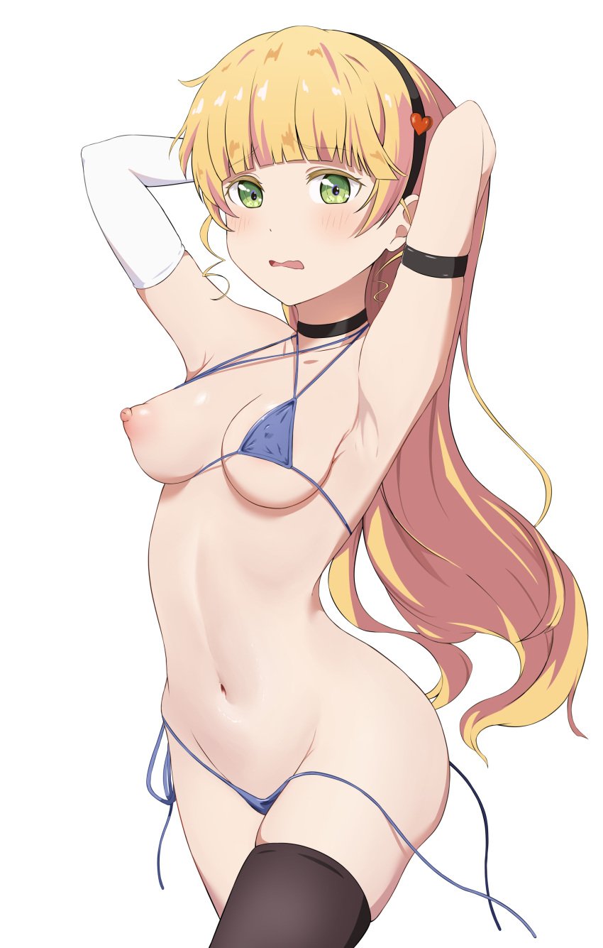 arched_back arm_strap armpits arms_up ass_visible_through_thighs bare_belly belly_button bikini black_thighhighs blonde_hair blue_bikini blush breast_slip breasts choker collarbone coro_fae elbow_gloves embarrassed female gloves green_eyes groin hairband heanna_sumire long_hair love_live! love_live!_superstar!! medium_breasts micro_bikini nipples one_breast_out parted_lips side-tie_bikini_bottom standing string_bikini thighhighs thighs untied_bikini wavy_mouth white_gloves