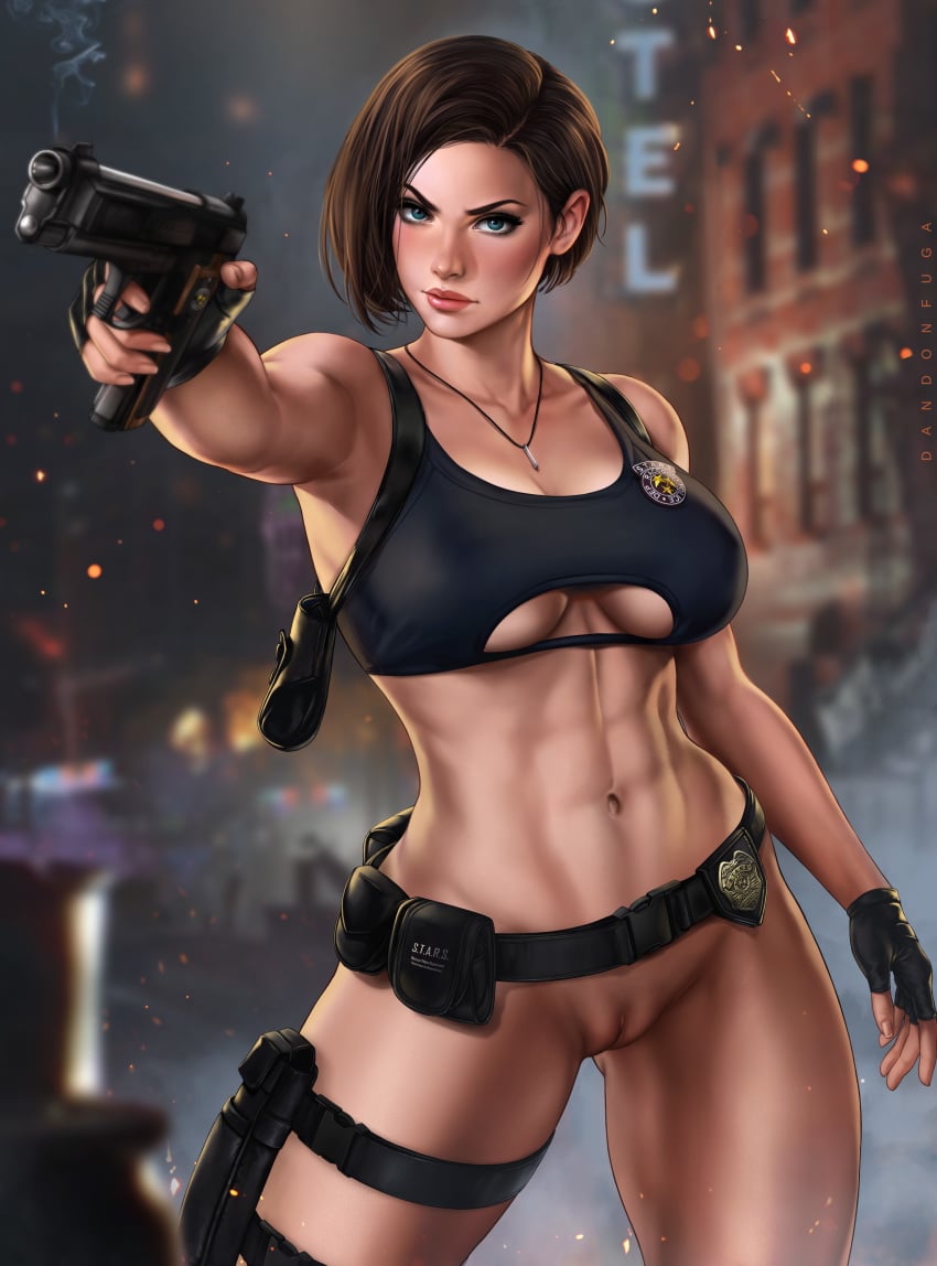 abs absurdres artist_name badge blue_eyes blush bottomless breasts brown_hair building capcom dandon_fuga female fingerless_gloves fire firearm gloves gun handgun handwear harness highres holding holding_gun holding_weapon holster jewelry jill_valentine jill_valentine_(sasha_zotova) legs_apart lips looking_at_viewer medium_breasts mostly_nude muscular_female navel necklace no_panties nude paid_reward patreon_reward police_badge pussy resident_evil resident_evil_3 resident_evil_3_remake shaved_pussy shiny shiny_skin short_hair smoke smoking_gun tactical_nudity tagme toned toned_female topwear vagina weapon