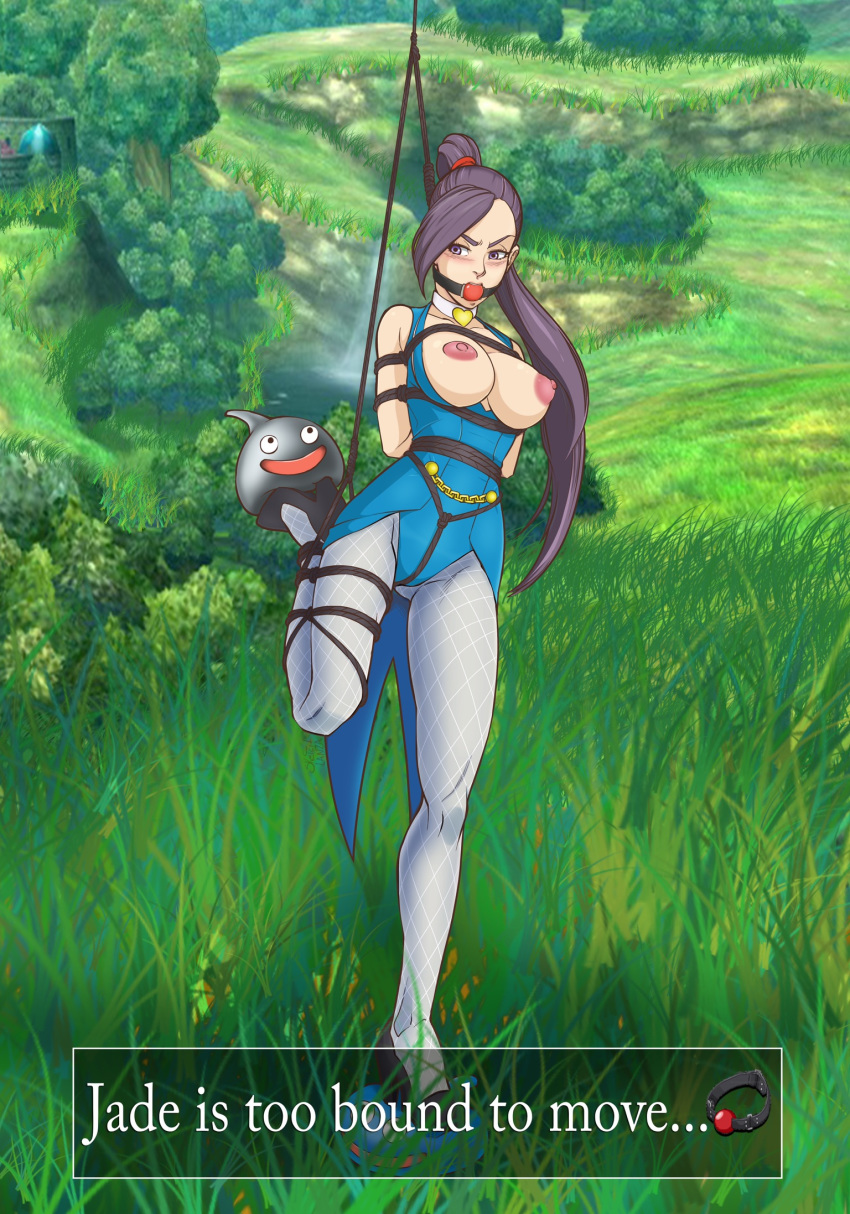 angry ass_visible_through_thighs ball_gag bare_breasts big_areola big_nipples blush bondage breasts clothing collar crotch_rope dragon_quest dragon_quest_xi frogtie gag high_heels jade_(dq11) large_breasts leg_up marxinato nipples ponytail puffy_areola puffy_nipples stockings suspension