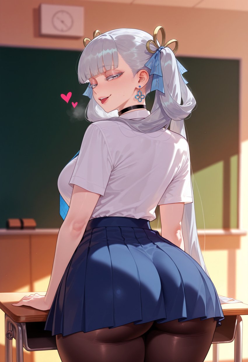 ai_generated balecxi blue_eyes blunt_bangs chalkboard choker classroom earrings female from_behind hair_ribbon heart huge_ass indoors jewelry jinhsi_(wuthering_waves) large_breasts long_hair looking_at_viewer looking_back open_mouth pantyhose pleated_skirt school_desk short_sleeves smile solo thick_thighs tongue tongue_out twintails white_hair white_shirt wuthering_waves