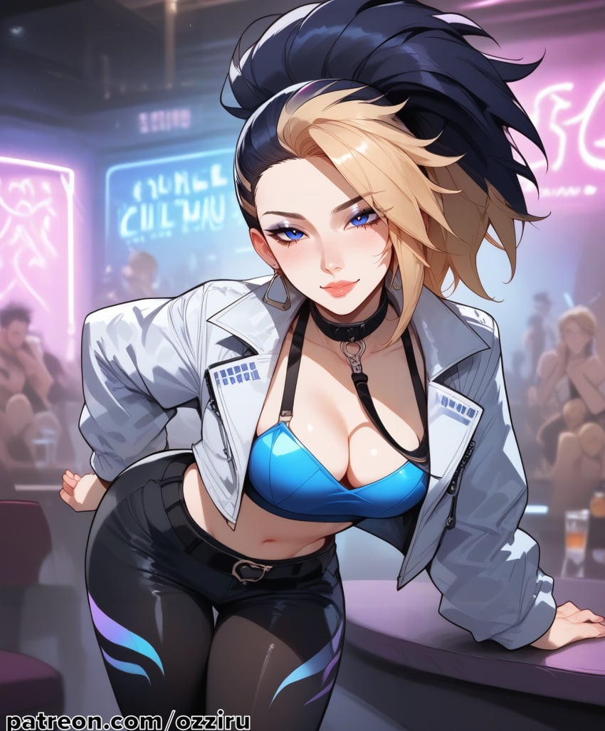 absurd_res ai_generated akali black_hair blonde_hair blue_eyes choker female hi_res highres k/da_series league_of_legends long long_hair multicolored_hair ozziru patreon ponytail prostitution revealing_clothes self_upload strip_club uncensored
