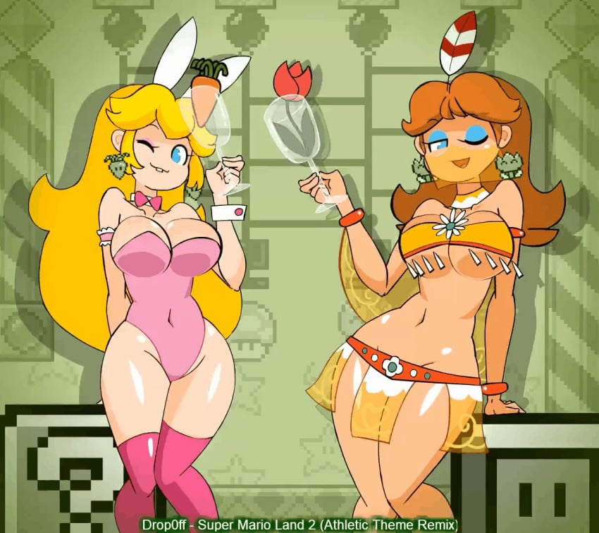 2girls animated bunny_ears bunnysuit carrot carrot_(mario) dancing female fire_flower kneehighs mario_(series) minus8 nintendo princess_daisy princess_peach rose skirt super_mario_bros. super_mario_land super_mario_land_2 tagme wine_glass