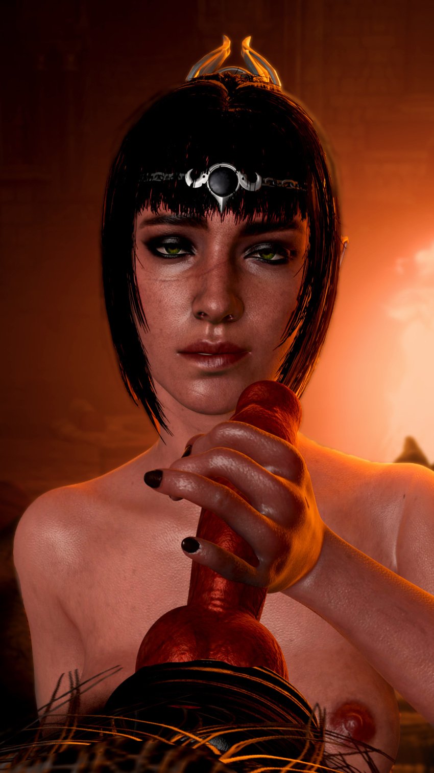 1boy 1girls 3d anthro baldur's_gate baldur's_gate_3 black_hair blender breasts breasts_out canine canine_genitalia canine_penis female green_eyes handjob male scar shadowheart shadowheart_(baldur's_gate) werewolf