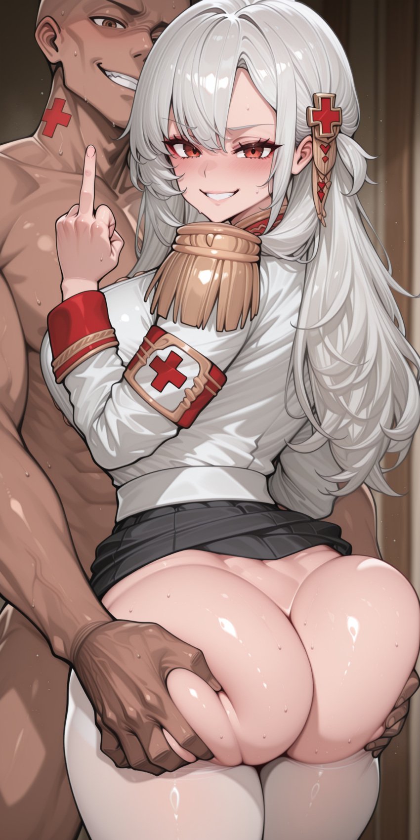 1boy ai_generated aigoonko alpha_1918 boots clothed_female_nude_male dark-skinned_male dark_skin female grabbing_ass light-skinned_female light_skin male middle_finger nude_male_clothed_female red_eyes russian russian_girl smile tagme white_hair white_pantyhose
