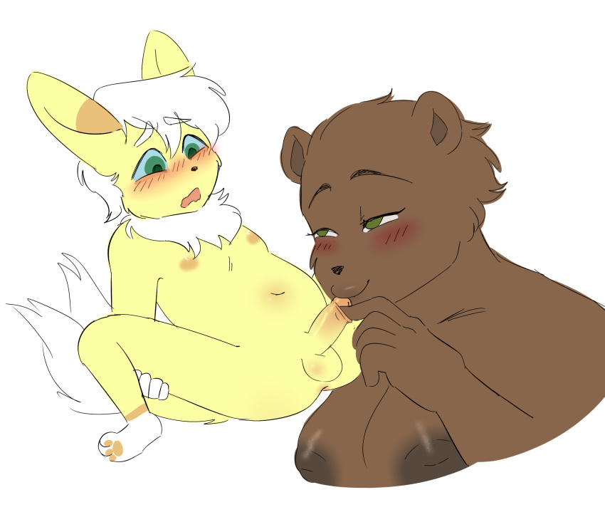 1boy 1girls age_difference alternate_color anthro anthrofied areolae bear blue_sclera blush breasts brown_fur duo feline female finger_in_foreskin foreskin foreskin_play fur furry green_eyes half-closed_eyes handjob hi_res interspecies inverted_nipples larger_female male male/female mammal meowstic nintendo nipples older_female oral original_character partially_retracted_foreskin penis penis_kissing pokémon_(species) pokemon shiny_pokemon size_difference sleepytoy small_penis smaller_male straight tongue tongue_out uncut ursine video_games white_fur yellow_fur younger_male