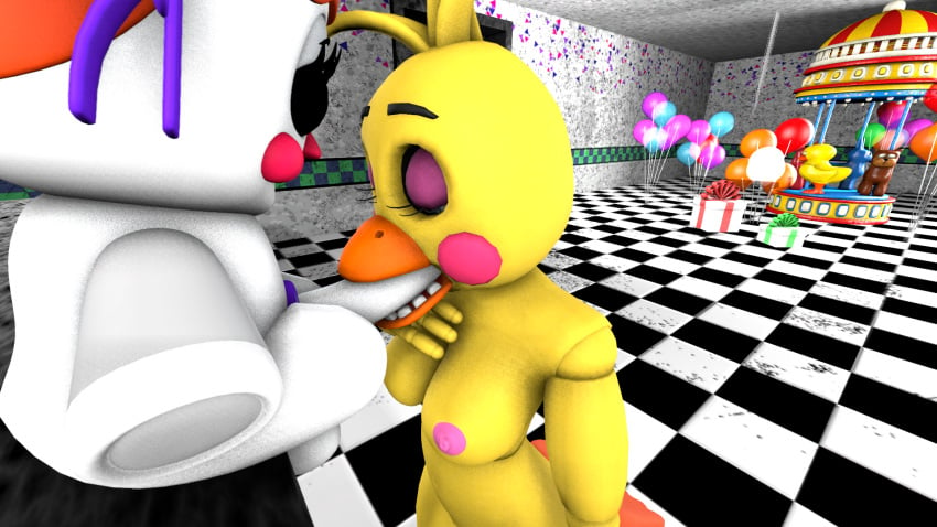 3d animatronic baby_(fnafsl) balloons balls ballsack beak beakjob boner breasts carousel checkered_floor chica chicken chicken_girl circus_baby circus_baby_(fnaf) closed_eyes dick dickgirl eyelashes female five_nights_at_freddy's five_nights_at_freddy's:_help_wanted fnaf futanari girl hand_on_chest missing_eye naked naked_female nude nude_female penis penis_in_mouth pink_cheeks pink_nipples plush plush_baby plushie presents source_filmmaker sucking sucking_penis toy_chica_(fnaf) white_body yellow_body