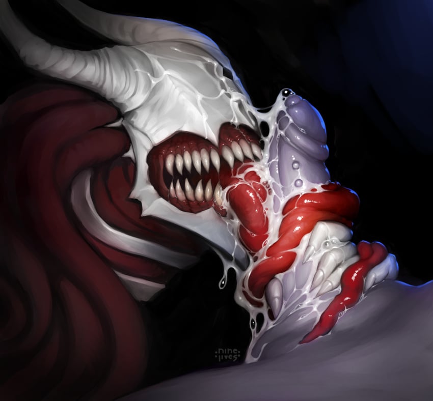 ambiguous_gender big_penis black_background bodily_fluids creepy cum cum_drip cum_in_mouth cum_inside cum_on_face cum_on_penis demon dripping duo excessive_cum excessive_genital_fluids eyeless genital_fluids genital_piercing genitals hand_on_penis hi_res horror_(theme) long_tongue male male/ambiguous monster nails nightmare_fuel nine_lives_art not_furry open_mouth oral penis penis_piercing piercing scary sex sharp_teeth simple_background teeth teratophilia thick_penis tongue tongue_around_penis tongue_out tongue_wrap tonguejob