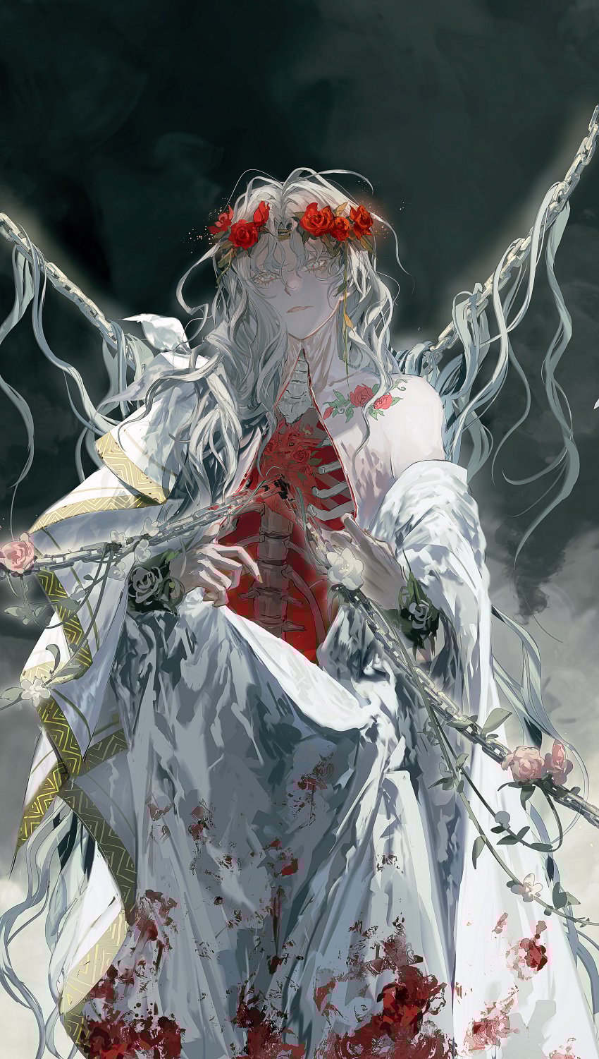 1boy absurdres blood blood_on_clothes bone chains cuts dark_background exposed_bone flower flower_tattoo fog gold_trim guro hair_between_eyes hair_flower hair_ornament heart_(organ) highres injury long_hair looking_at_viewer original parted_lips pink_flower red_flower red_nails ribs ringein single_bare_shoulder solo spine tattoo very_long_hair white_eyes white_flower white_hair