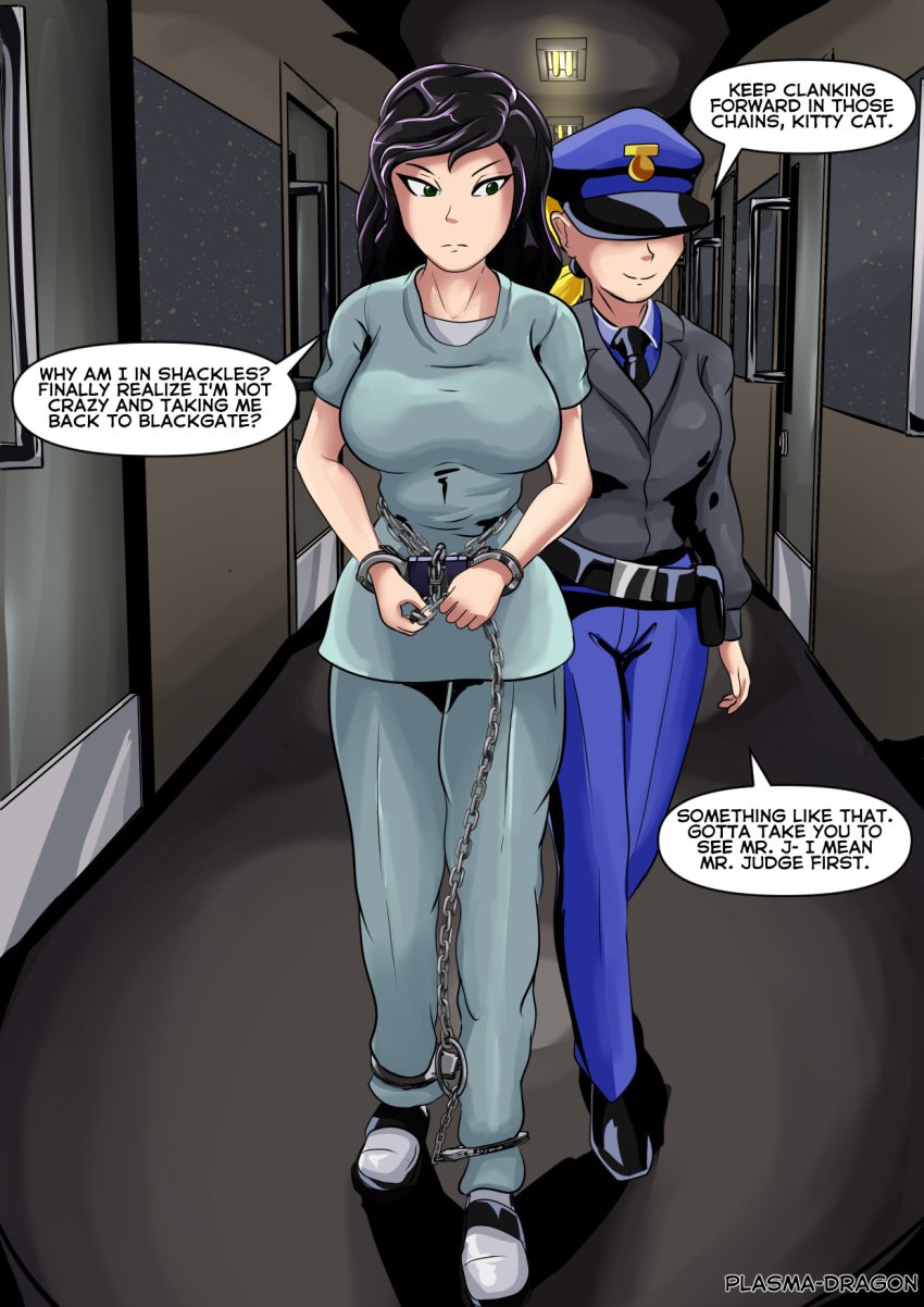 2girls ankle_cuffs blonde_hair bondage bound bound_ankles bound_wrists chains english_text female female_only femsub fully_clothed handcuffs plasma-dragon police_hat ponytail text
