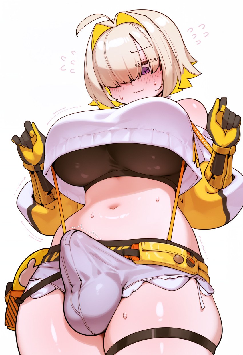 1futa ahoge ai_generated bare_shoulders black_sports_bra blonde_hair bulge colored_inner_hair crop_top elegg_(nikke) embarrassed erection_under_clothes goddess_of_victory:_nikke hair_over_one_eye huge_breasts irofox looking_down micro_shorts navel purple_eyes short_hair solo standing stomach two-tone_gloves yellow_hair