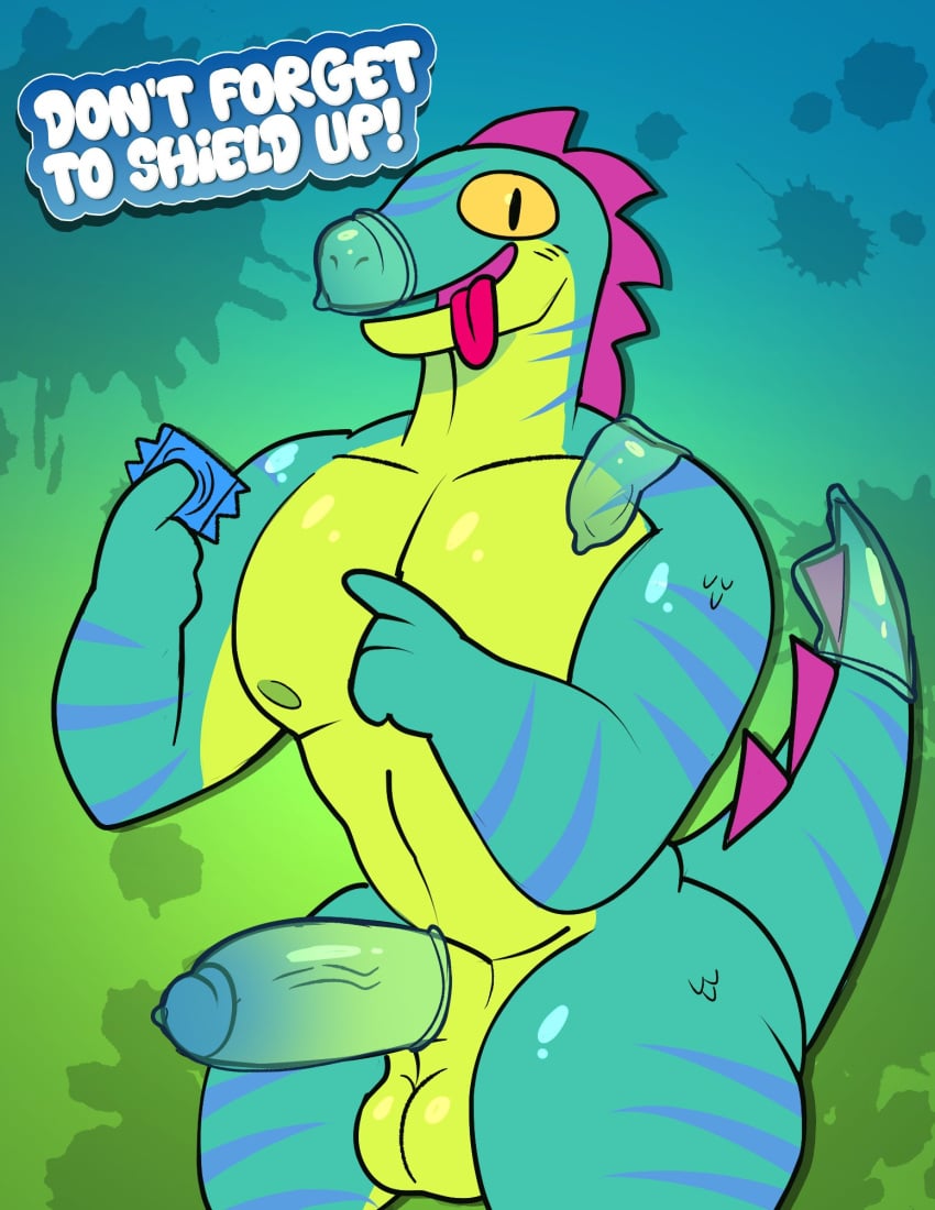 2025 anthro areola balls big_balls big_muscles big_penis condom condom_on_face condom_on_tail english_text epic_games erection fortnite genitals gesture glans hand_gesture hi_res holding_condom holding_object humanoid_genitalia humanoid_penis janjauwu lizard lizzik_(fortnite) looking_at_viewer male male_only muscular muscular_anthro muscular_male nipples non-mammal_balls non-mammal_nipples nude open_mouth open_smile pecs penis pointing public_service_announcement reaction_image reptile scalie sexual_barrier_device simple_background smile solo standing text thick_penis thick_thighs tongue tongue_out toony wearing_condom